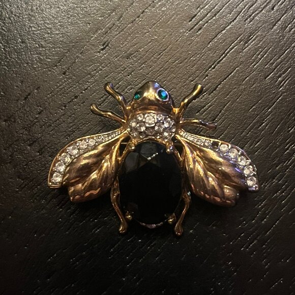 Jewelry - Vintage Bumblebee Brooch with Black Stone Body and Green and Clear Rhinestones